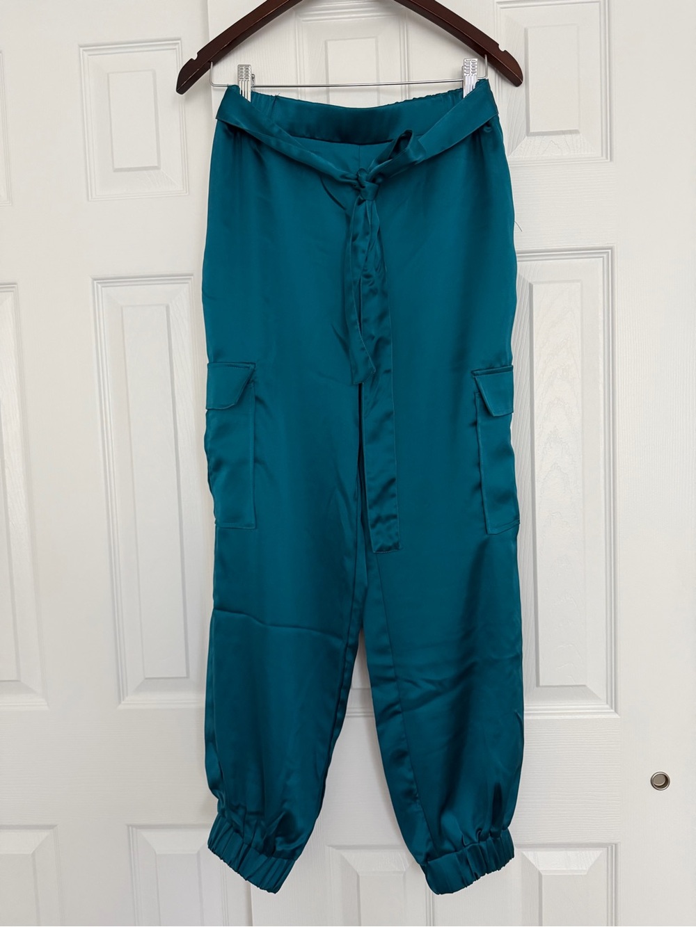 Sincerely Jules Teal Satin Cargo Joggers with Tie Belt